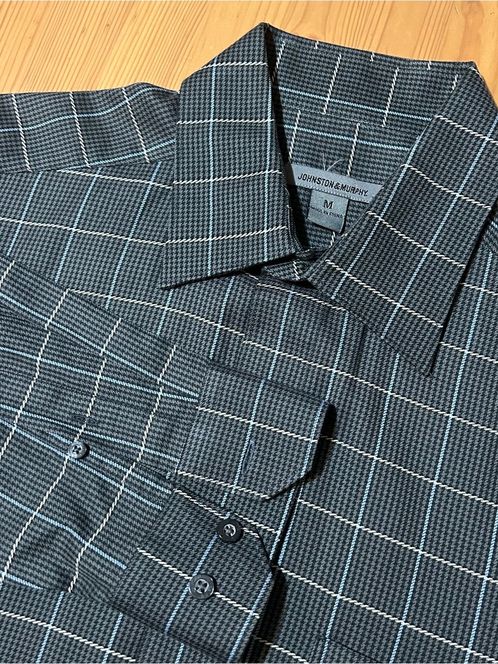 Johnston & Murphy Gray Black Long Sleeve Windowpane Houndstooth Dress Shirt Sz M